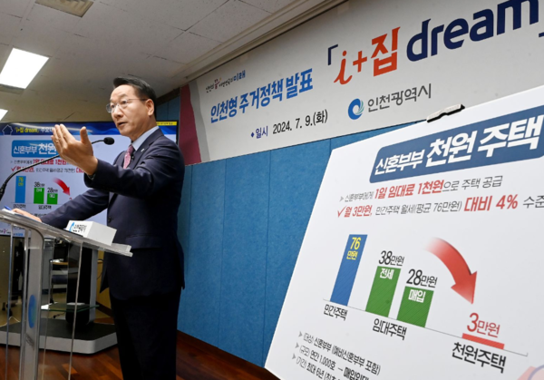 유정복 인천시장이 9일 시청 브리핑룸에서 인천형 저출생 주거정책 i+집 dream을 발표하고 있다.